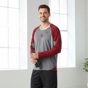 Nike Oklahoma Sooners OU Long Sleeve V-Neck Athletic Shirt Grey Red - Size S‎